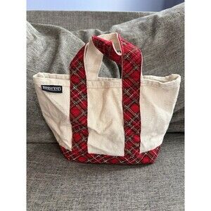 Lands End Small Canvas Tote Bag Red Plaid Handles No Pocket Mini Handbag 7x8